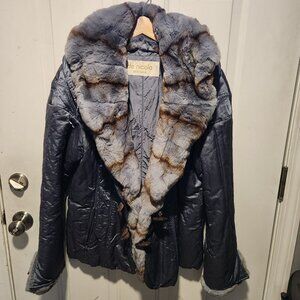 De Nicola Womens Large Quilted Jacket with Real Rex Rabbit Fur Trim and Sparkles